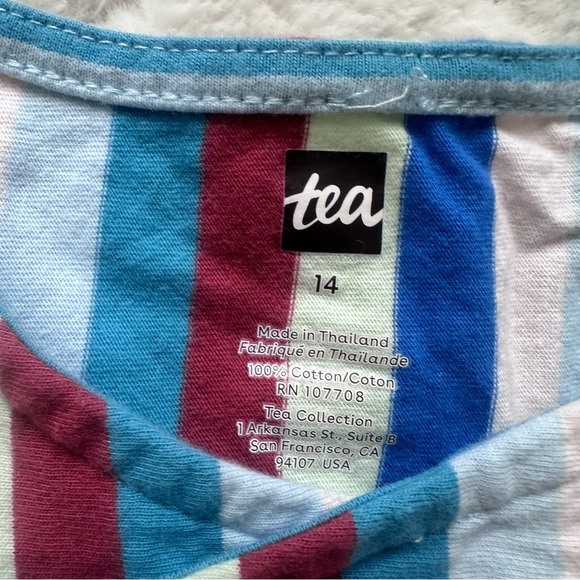 Tea Collection | Multi Stripe Short Sleeve Wrap Neck Dress | Size 14 - Picture 4 of 6